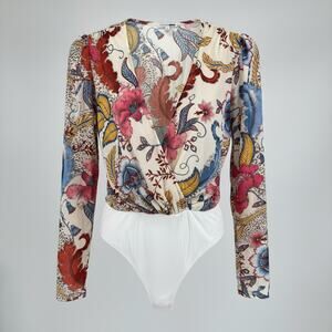 Fashion Nova Floral Surplice Bodysuit Cream Multicolor Long Sleeve